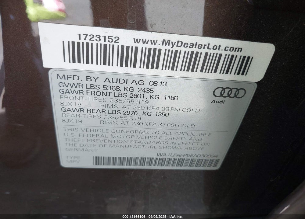 2014 AUDI Q5 VIN: WA1LFAFP5EA030094