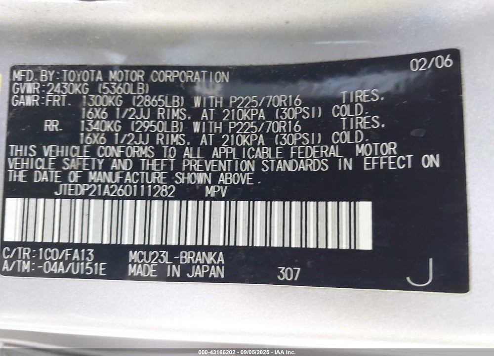 2006 TOYOTA HIGHLANDER V6 VIN: JTEDP21A260111282