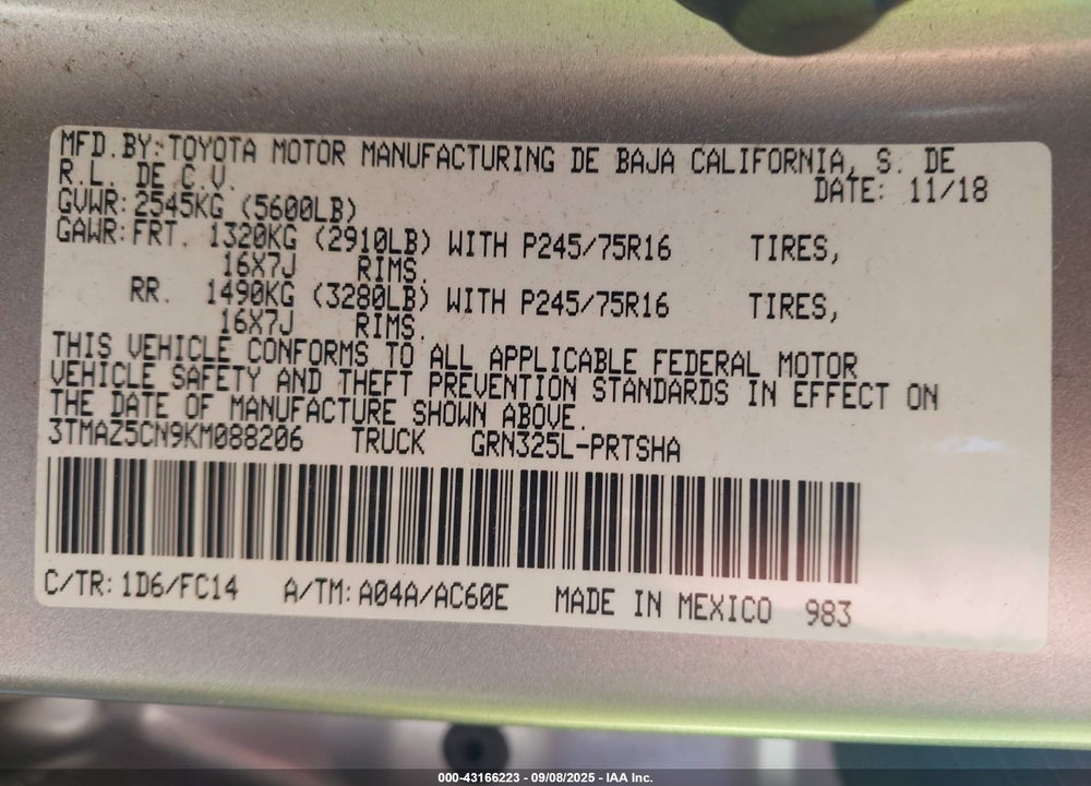 2019 TOYOTA TACOMA SR5 V6 VIN: 3TMAZ5CN9KM088206