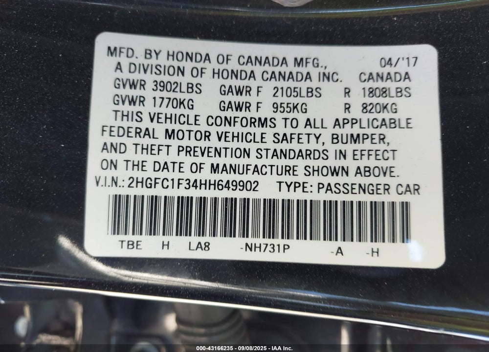 2017 HONDA CIVIC VIN: 2HGFC1F34HH649902