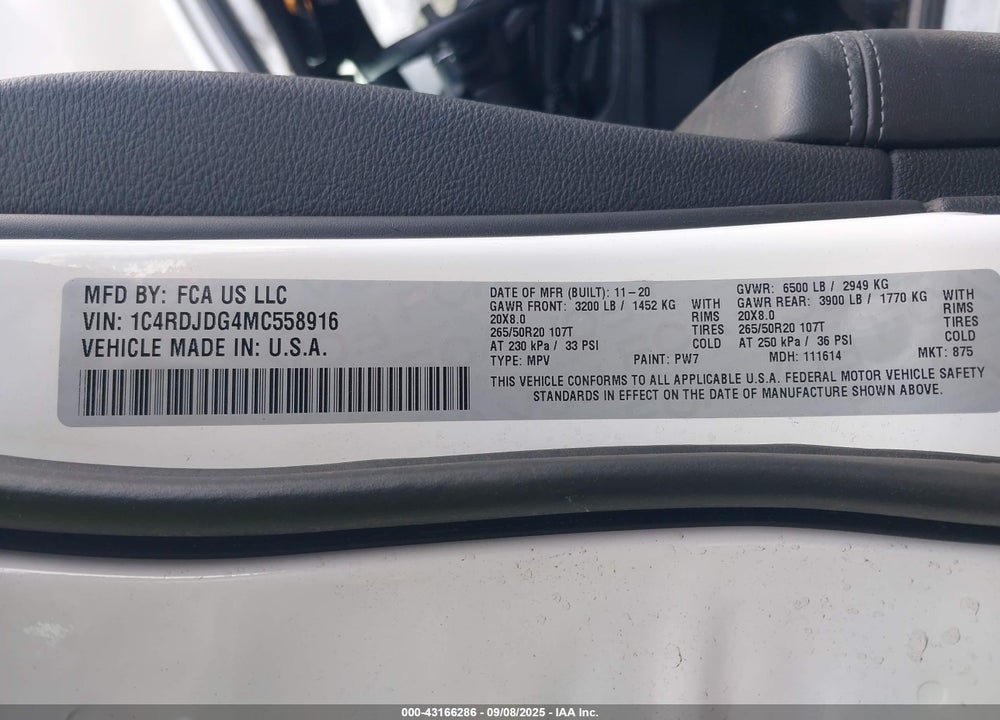 2021 DODGE DURANGO VIN: 1C4RDJDG4MC558916