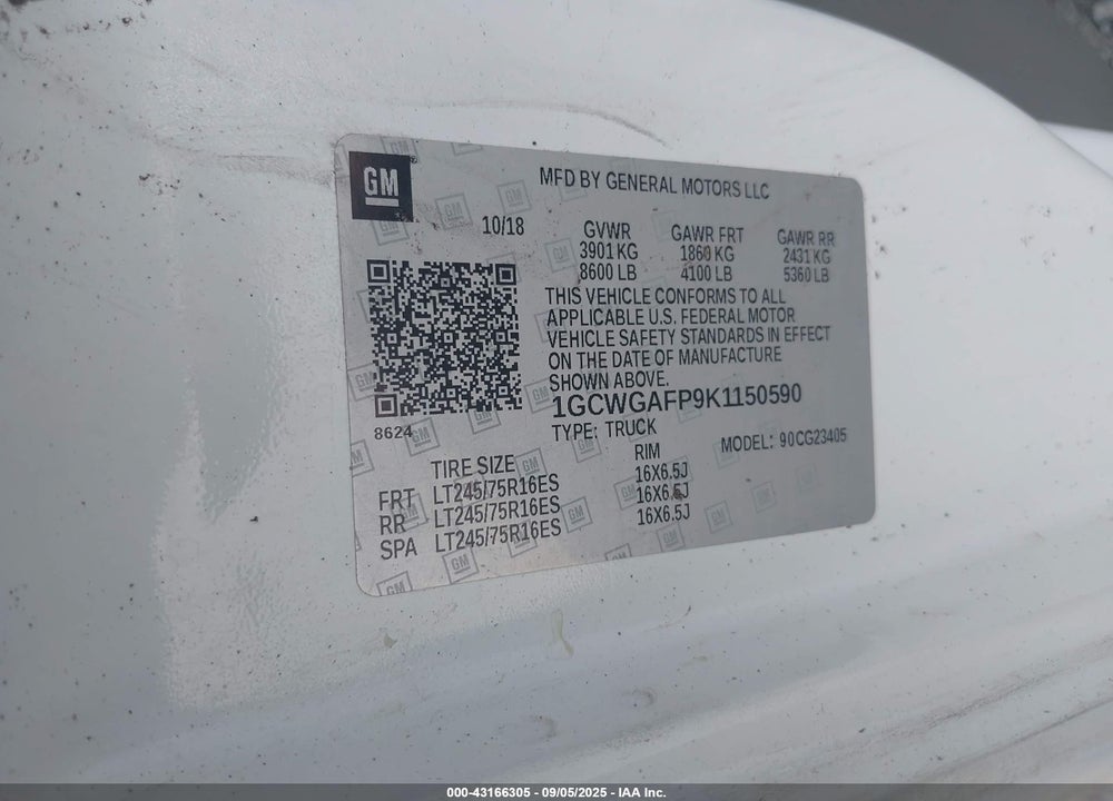 2019 CHEVROLET EXPRESS 2500 WORK VAN VIN: 1GCWGAFP9K1150590