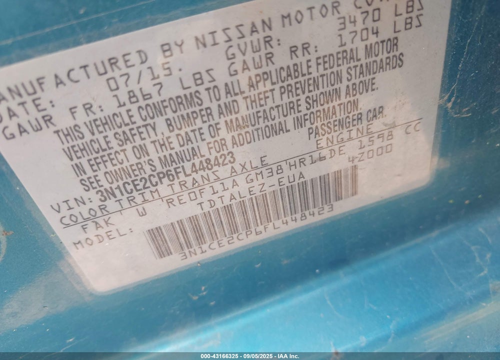 2015 NISSAN VERSA NOTE VIN: 3N1CE2CP6FL448423