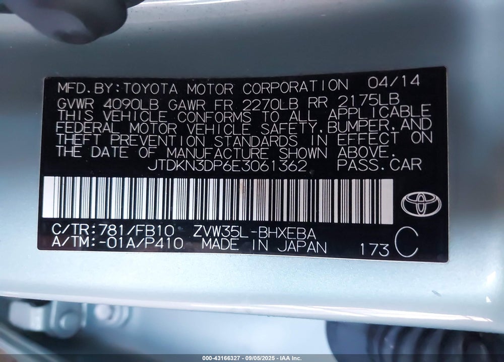 2014 TOYOTA PRIUS PLUG-IN VIN: JTDKN3DP6E3061362