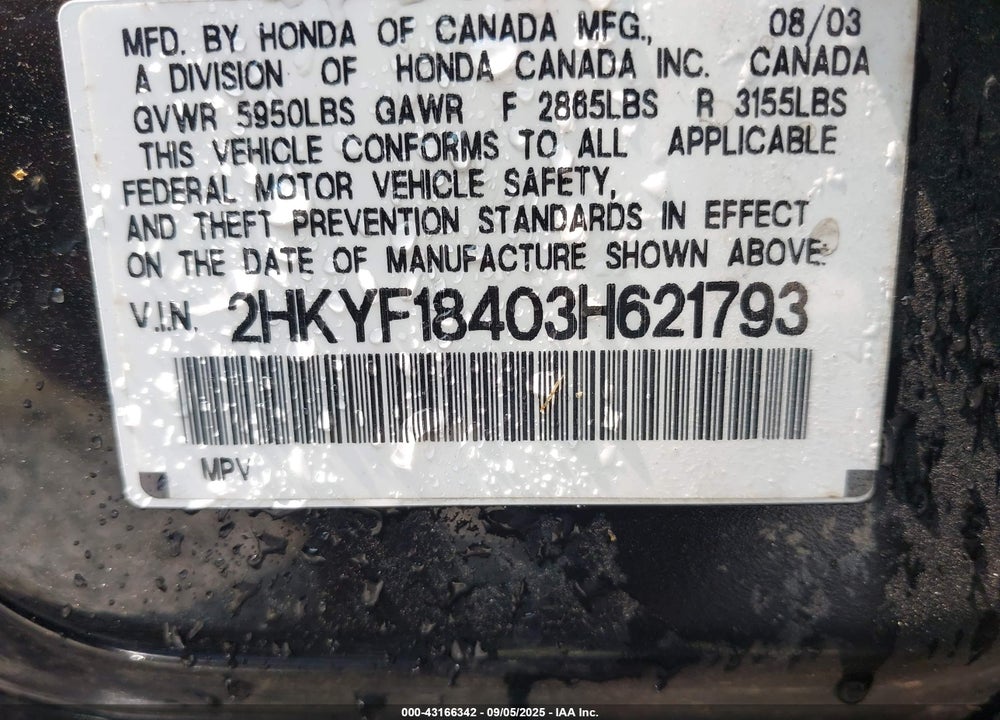 2003 HONDA PILOT EX VIN: 2HKYF18403H621793