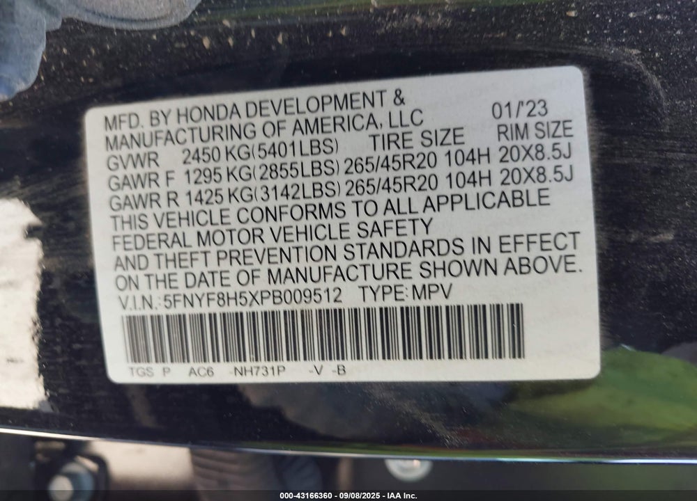 2023 HONDA PASSPORT AWD EX-L VIN: 5FNYF8H5XPB009512