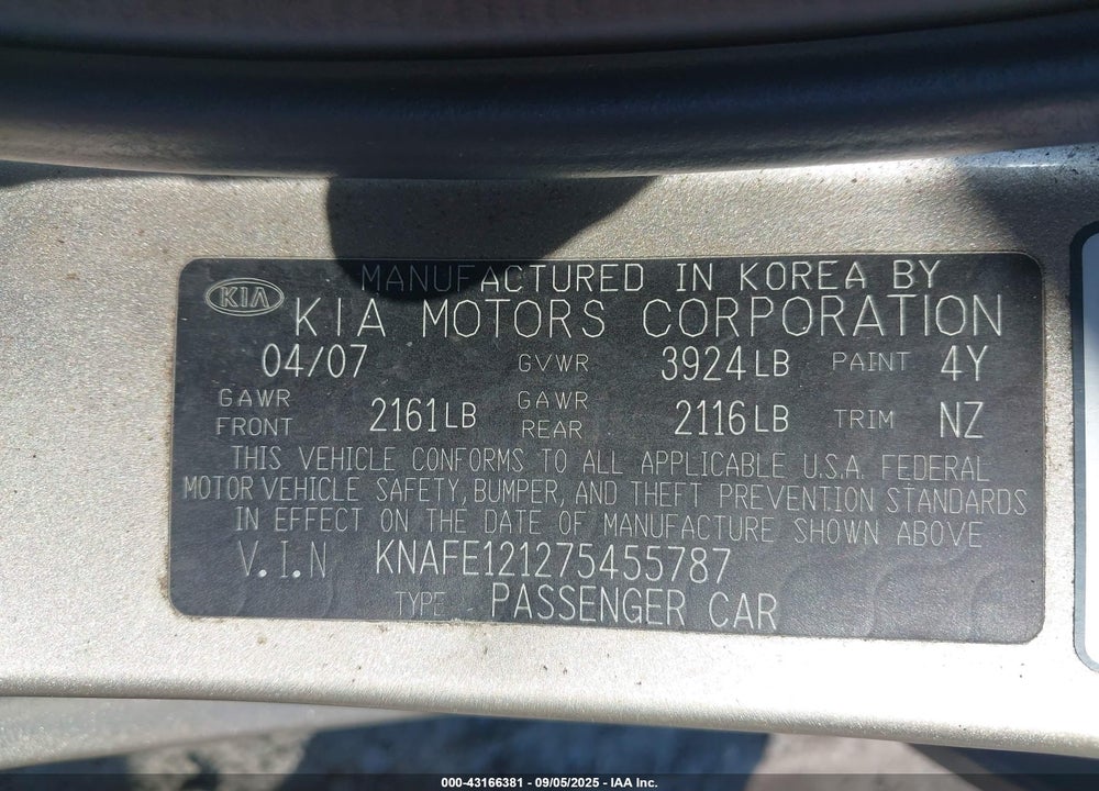 2007 KIA SPECTRA EX VIN: KNAFE121275455787