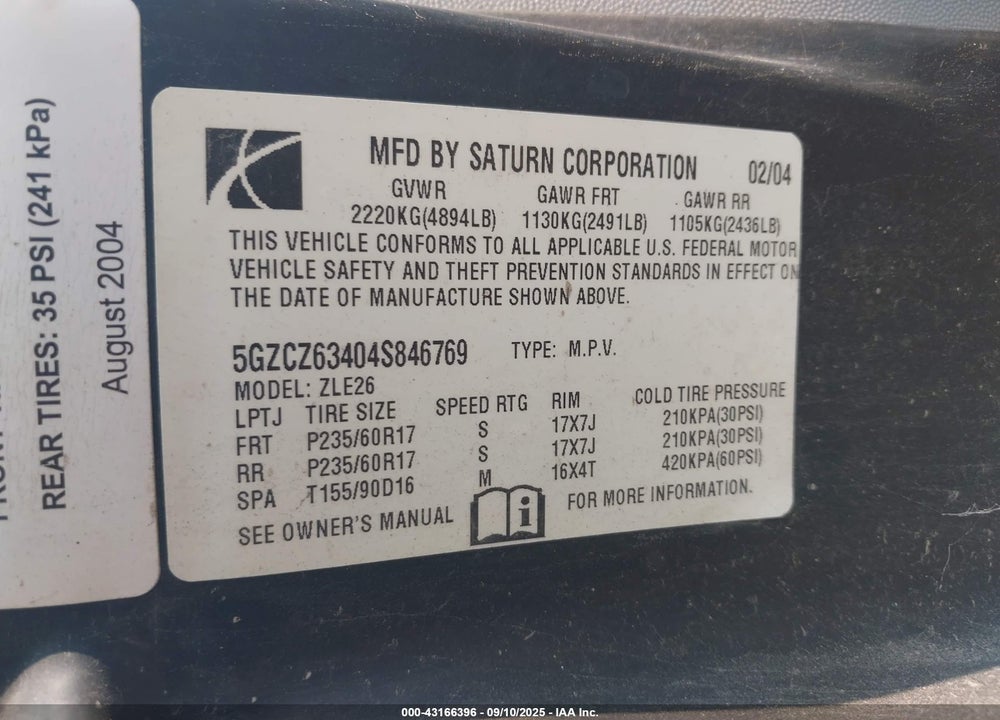 2004 SATURN VUE V6 VIN: 5GZCZ63404S846769