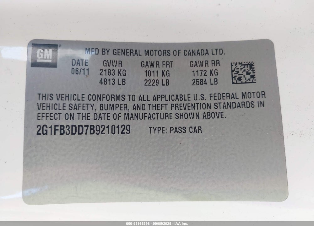 2011 CHEVROLET CAMARO 1LT VIN: 2G1FB3DD7B9210129