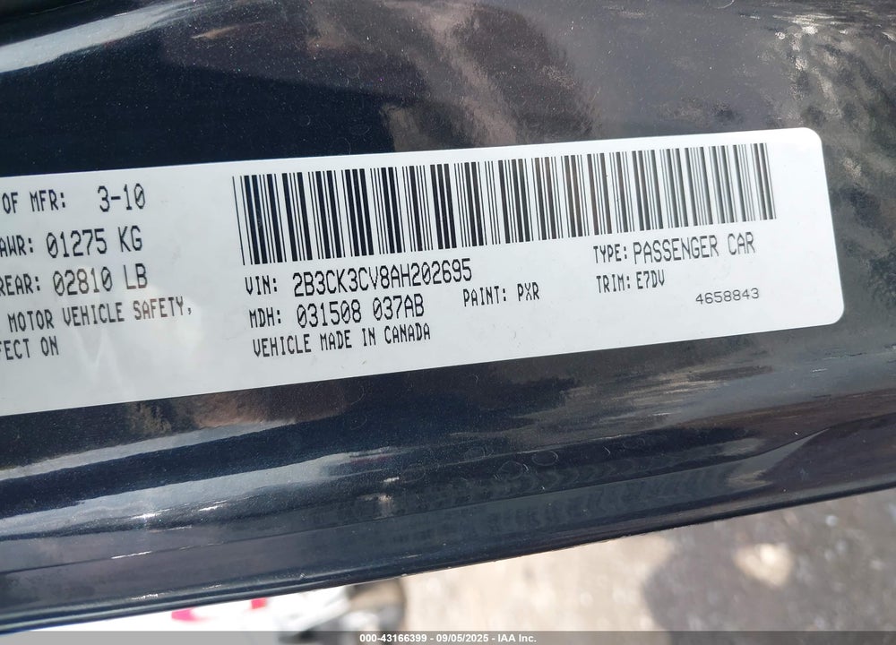 2010 DODGE CHARGER VIN: 2B3CK3CV8AH202695