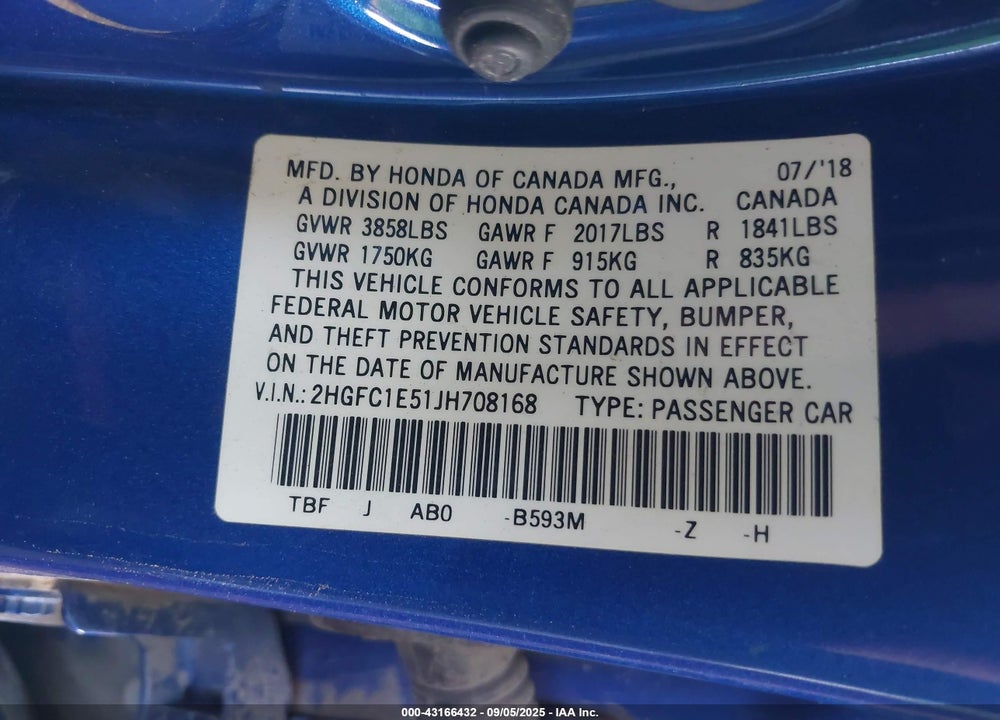 2018 HONDA CIVIC VIN: 2HGFC1E51JH708168
