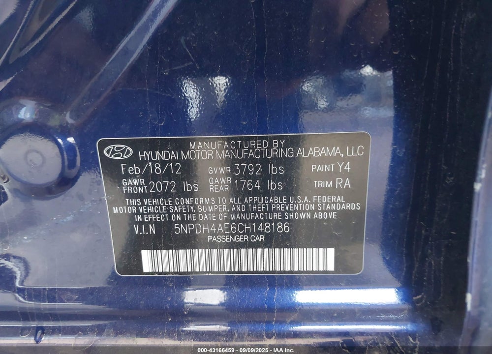 2012 HYUNDAI ELANTRA GLS VIN: 5NPDH4AE6CH148186
