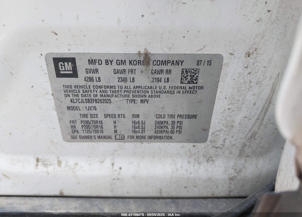 2015 CHEVROLET TRAX VIN: KL7CJLSB2FB262025