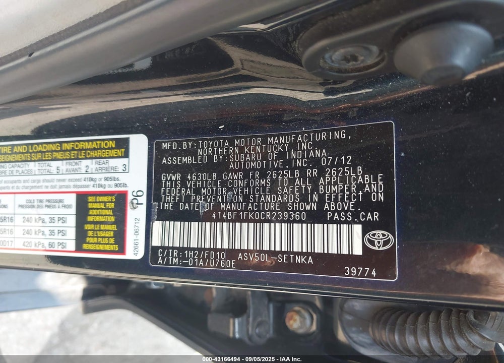 2012 TOYOTA CAMRY VIN: 4T4BF1FK0CR239360