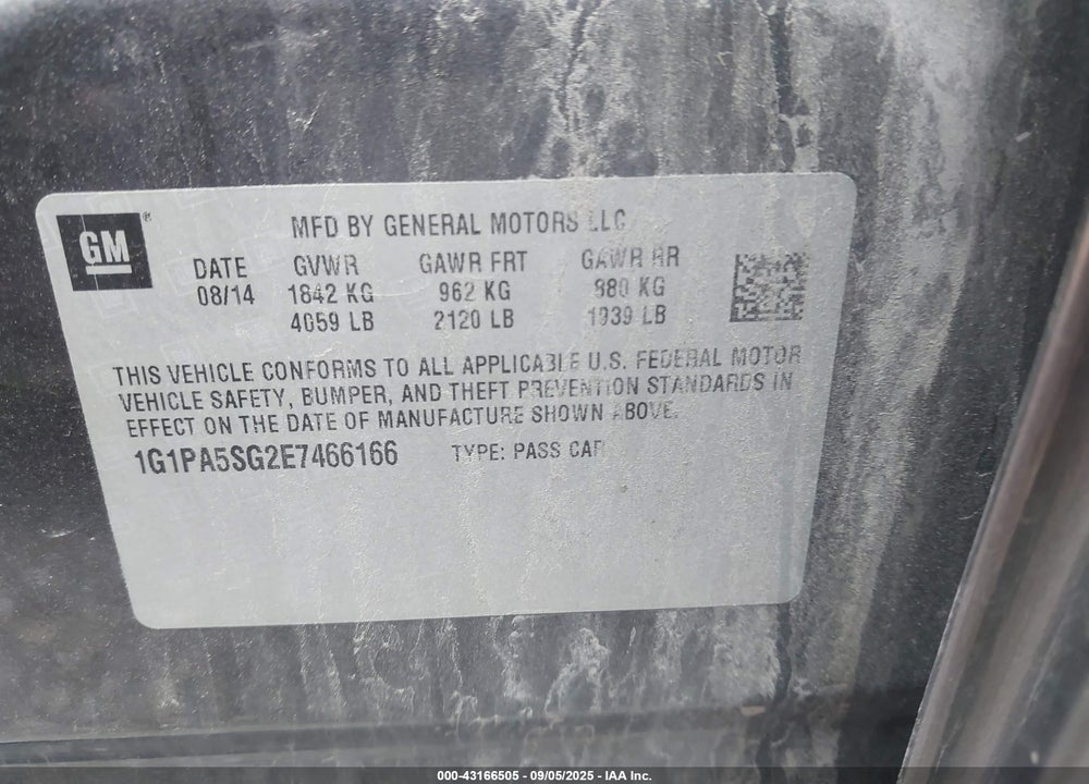 2014 CHEVROLET CRUZE VIN: 1G1PA5SG2E7466166