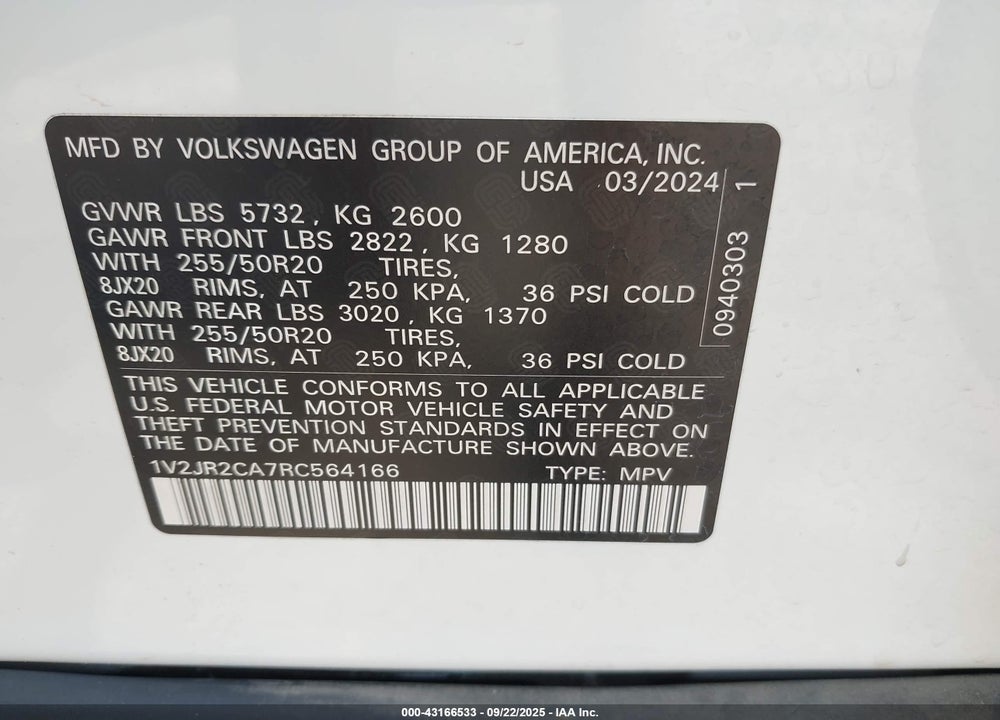 2024 VOLKSWAGEN ATLAS VIN: 1V2JR2CA7RC564166