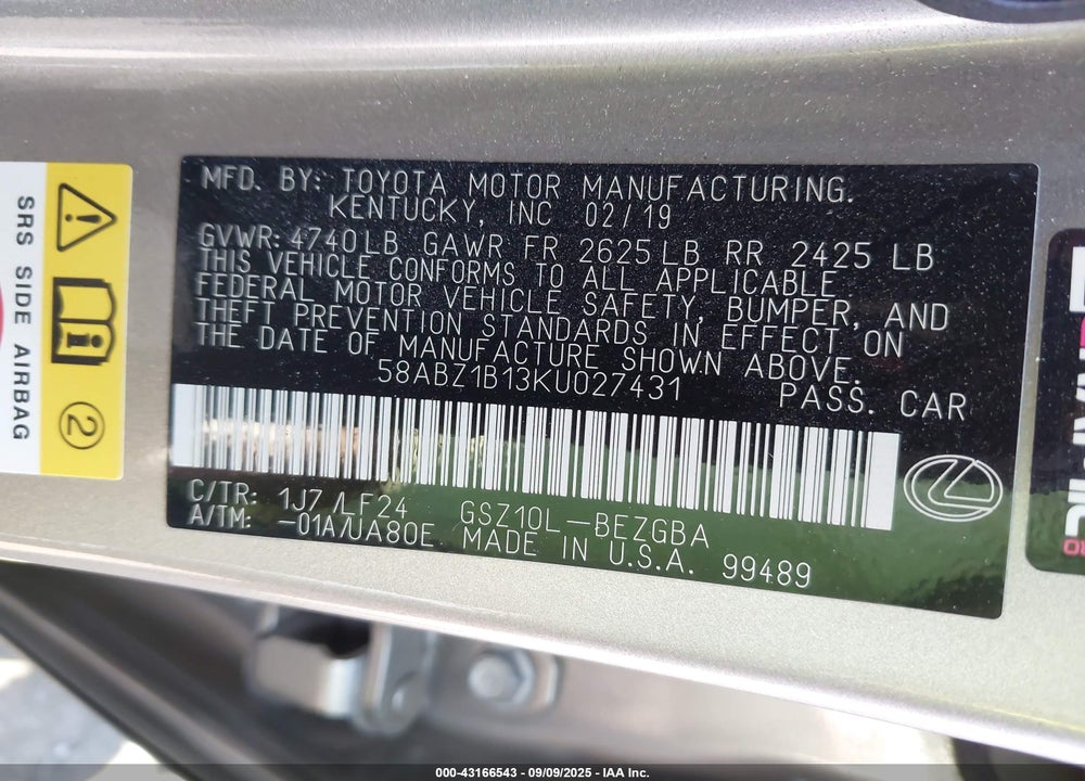 2019 LEXUS ES 350 VIN: 58ABZ1B13KU027431