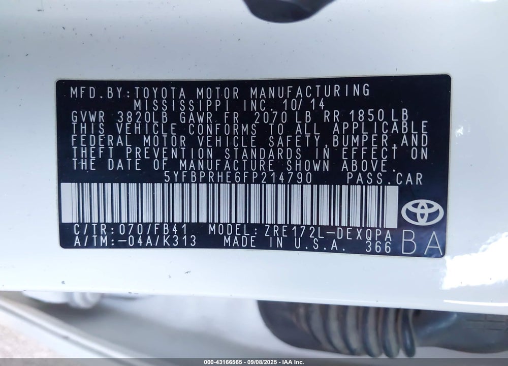 2015 TOYOTA COROLLA LE ECO VIN: 5YFBPRHE6FP214790
