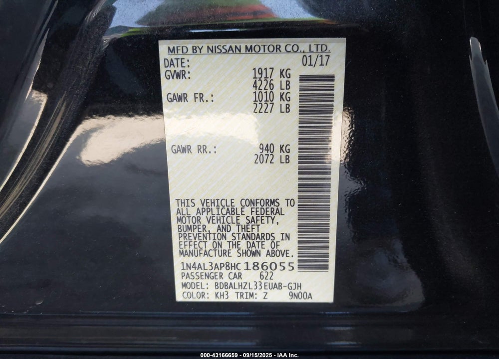 2017 NISSAN ALTIMA VIN: 1N4AL3AP8HC186055