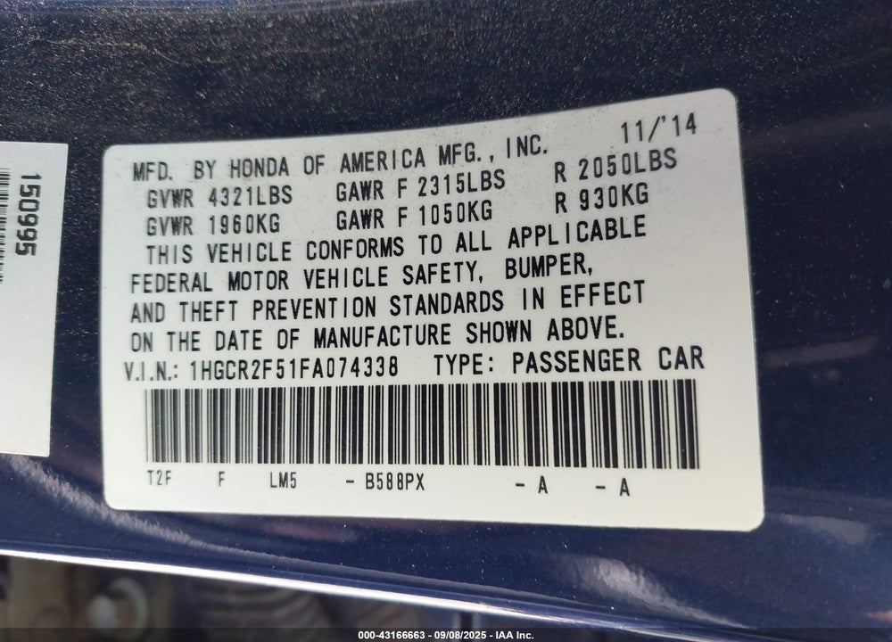 2015 HONDA ACCORD VIN: 1HGCR2F51FA074338