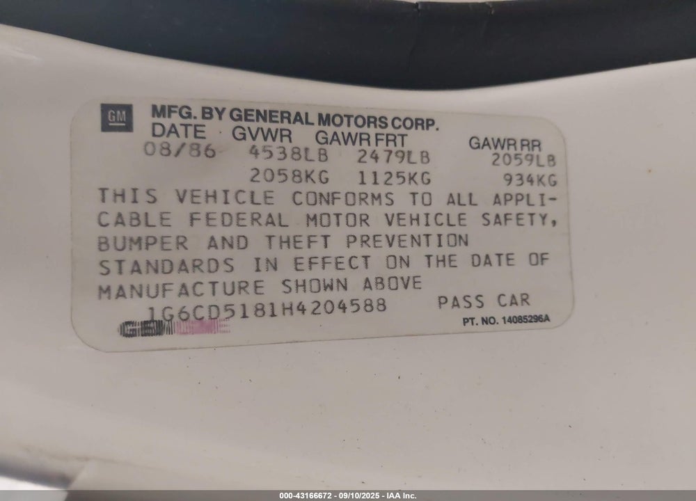 1987 CADILLAC DEVILLE VIN: 1G6CD5181H4204588