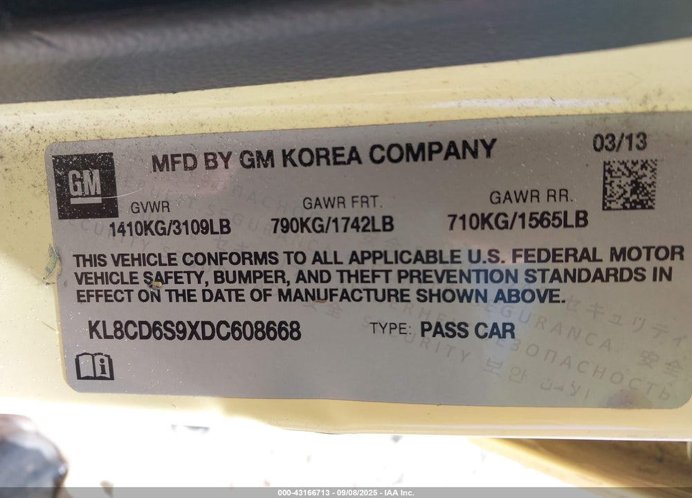 2013 CHEVROLET SPARK 1LT AUTO VIN: KL8CD6S9XDC608668