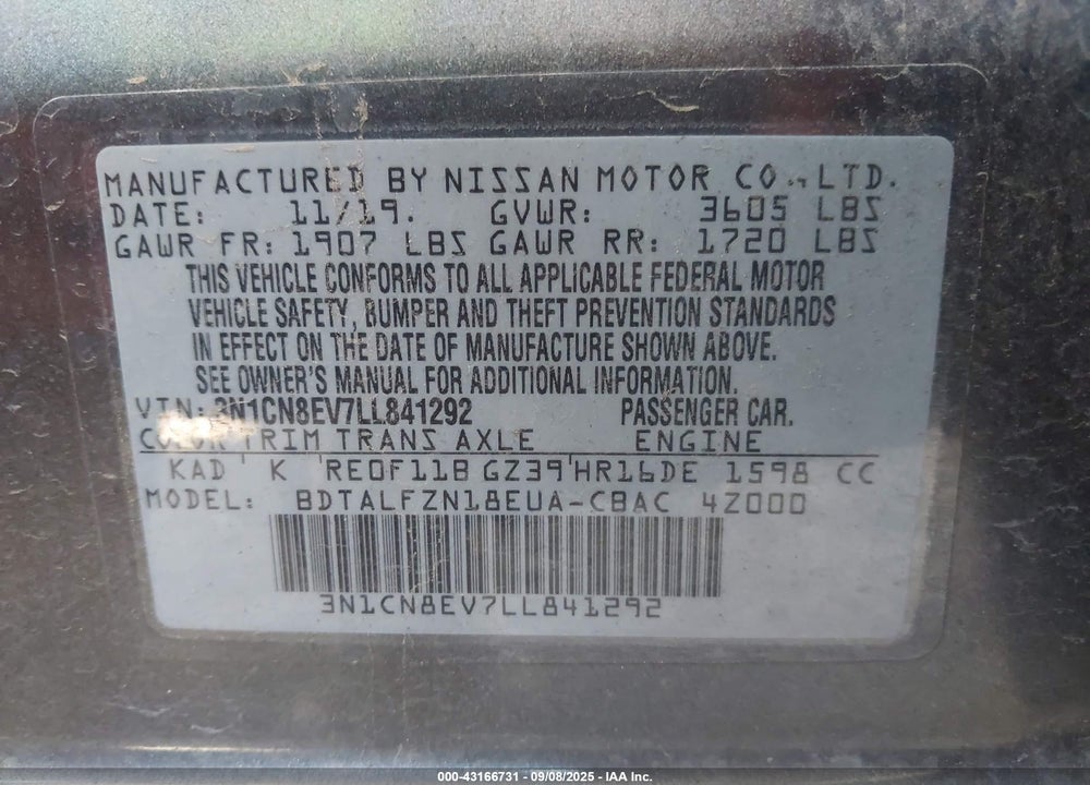 2020 NISSAN VERSA VIN: 3N1CN8EV7LL841292