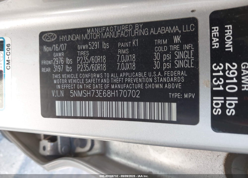 2008 HYUNDAI SANTA FE LIMITED/SE VIN: 5NMSH73E68H170702
