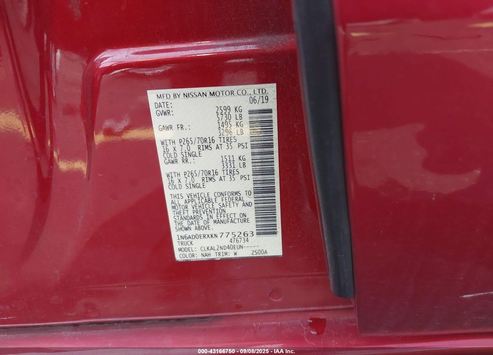 2019 NISSAN FRONTIER VIN: 1N6AD0ERXKN775263