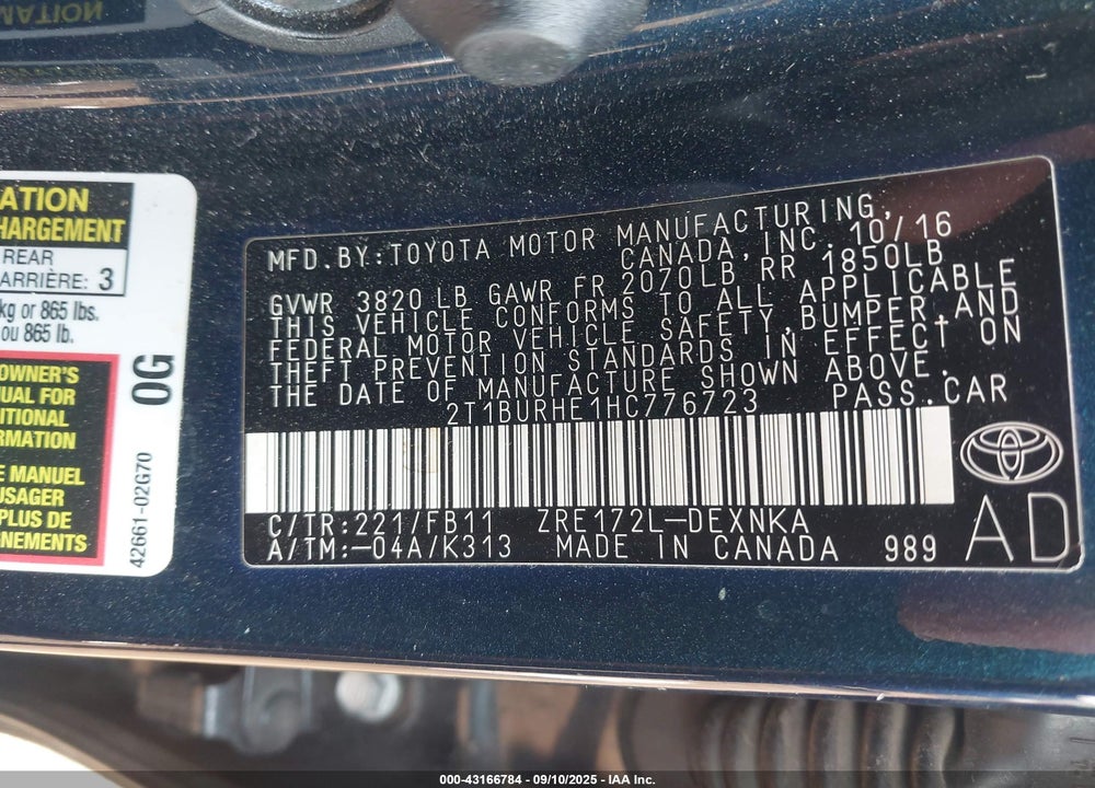 2017 TOYOTA COROLLA VIN: 2T1BURHE1HC776723