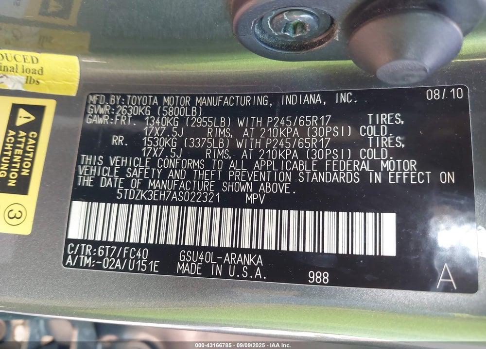 2010 TOYOTA HIGHLANDER VIN: 5TDZK3EH7AS022321