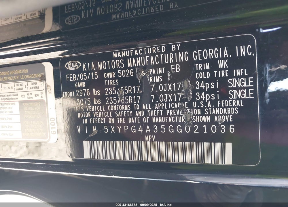 2016 KIA SORENTO VIN: 5XYPG4A35GG021036