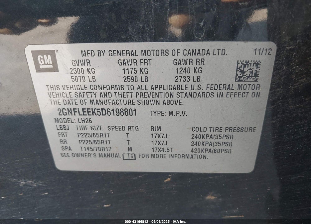 2013 CHEVROLET EQUINOX 1LT VIN: 2GNFLEEK5D6198801