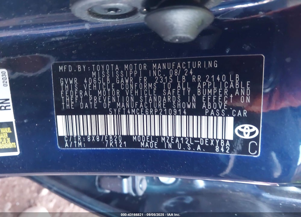 2024 TOYOTA COROLLA VIN: 5YFT4MCE6RP210914