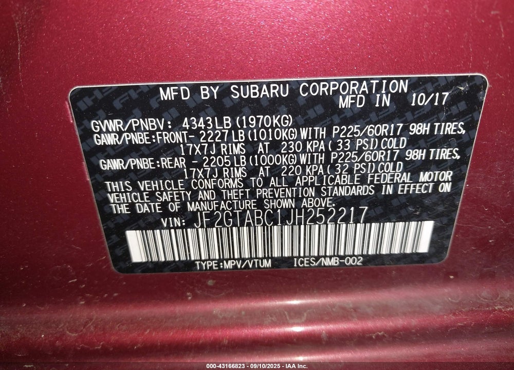 2018 SUBARU CROSSTREK VIN: JF2GTABC1JH252217