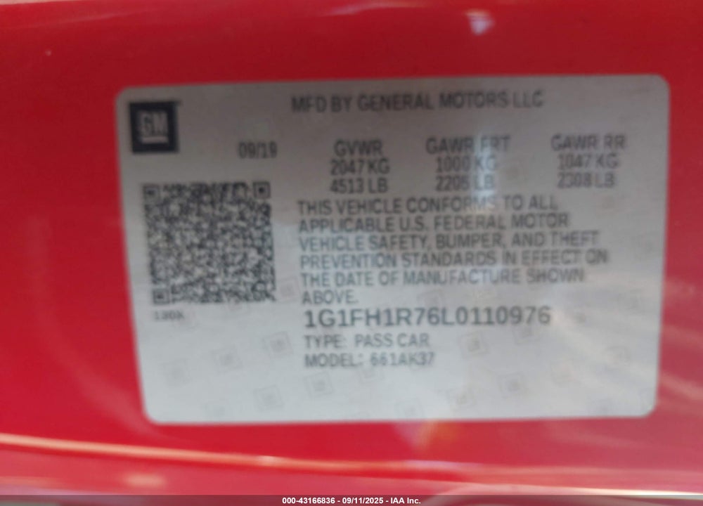 2020 CHEVROLET CAMARO VIN: 1G1FH1R76L0110976
