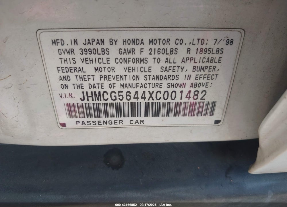 1999 HONDA ACCORD LX VIN: JHMCG5644XC001482