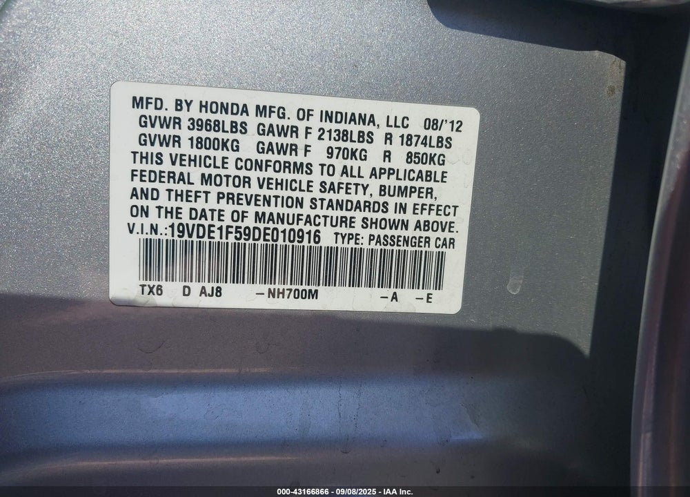 2013 ACURA ILX 2.0L VIN: 19VDE1F59DE010916