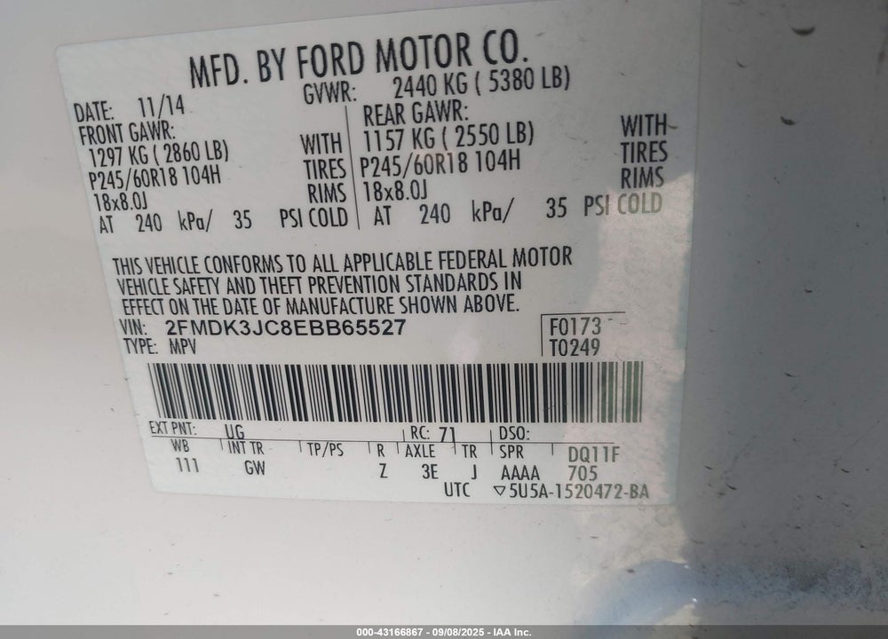 2014 FORD EDGE VIN: 2FMDK3JC8EBB65527