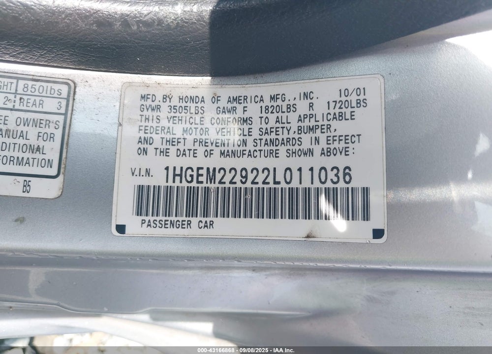 2002 HONDA CIVIC EX VIN: 1HGEM22922L011036