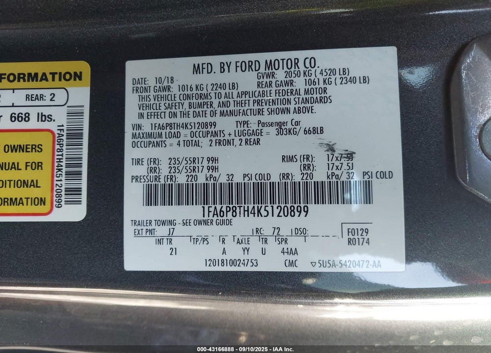 2019 FORD MUSTANG ECOBOOST VIN: 1FA6P8TH4K5120899