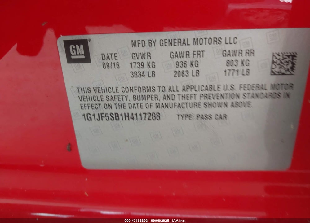 2017 CHEVROLET SONIC VIN: 1G1JF5SB1H4117288