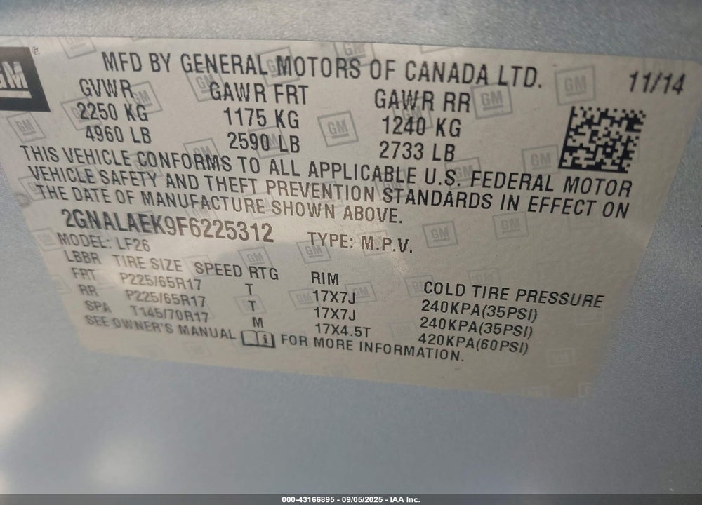 2015 CHEVROLET EQUINOX VIN: 2GNALAEK9F6225312