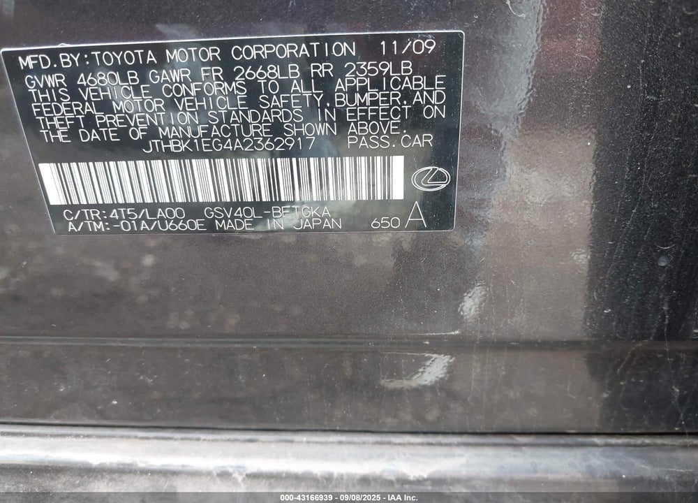2010 LEXUS ES 350 VIN: JTHBK1EG4A2362917