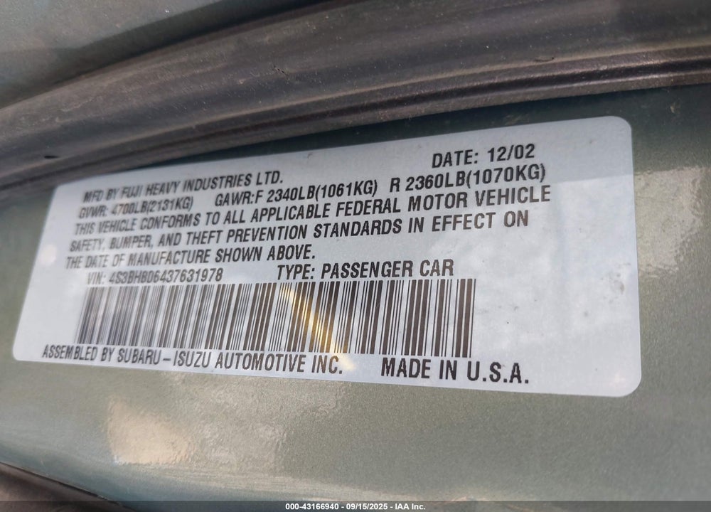 2003 SUBARU OUTBACK H6-3.0 L.L. BEAN EDITION VIN: 4S3BH806437631978