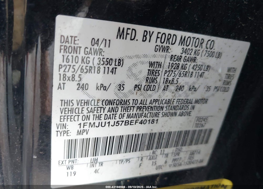 2011 FORD EXPEDITION VIN: 1FMJU1J57BEF40181