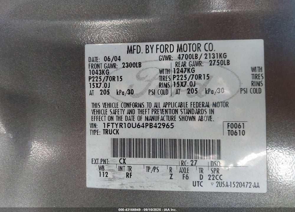 2004 FORD RANGER EDGE/XL/XLT VIN: 1FTYR10U64PB42965