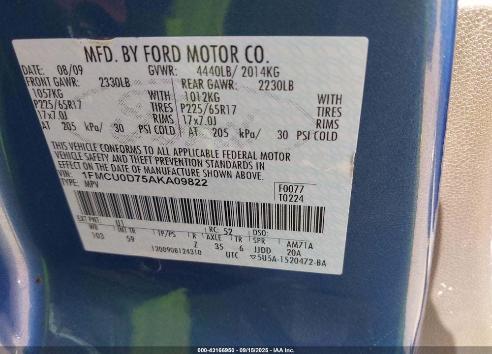 2010 FORD ESCAPE VIN: 1FMCU0D75AKA09822