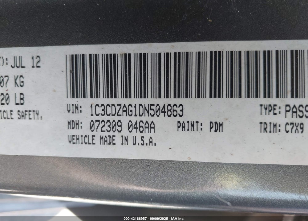 2013 DODGE AVENGER VIN: 1C3CDZAG1DN504863