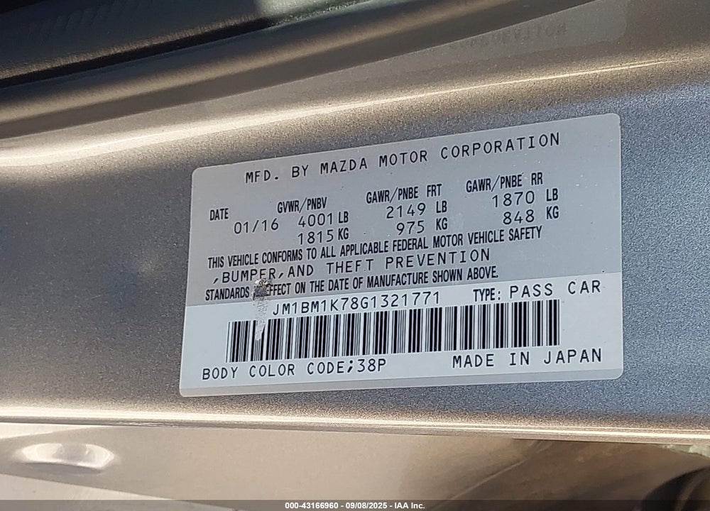 2016 MAZDA 3 VIN: JM1BM1K78G1321771